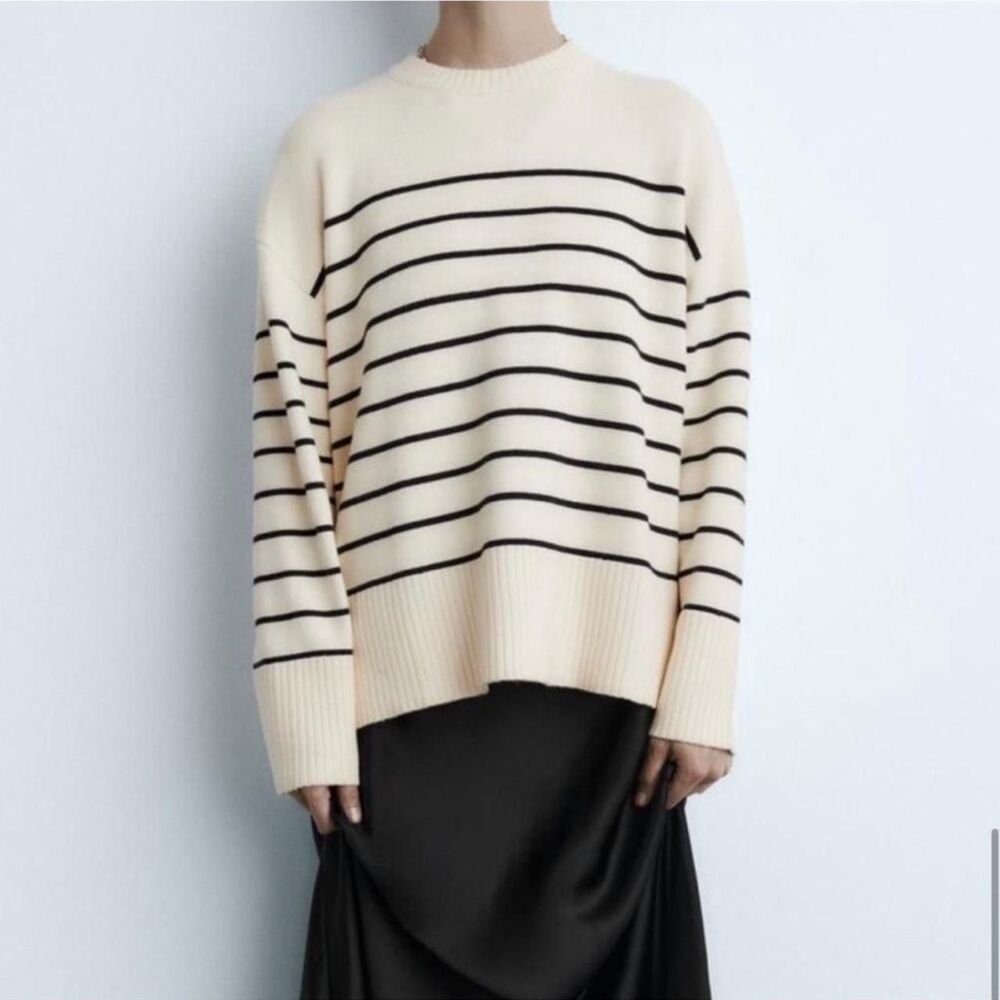 ZARA Cream Black Striped Knit Sweater Womens Medium